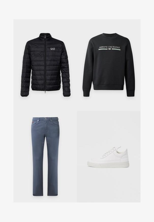 Zwarte gevoerde jas met een hoge kraag, rits aan de voorkant en EAZ-logo op de linkerkant van de borst. Beschikt over een horizontaal gestikte ontwerp en een gladde textuur.; Zwarte sweatshirt gemaakt van zachte stof. Heeft een ronde hals en lange mouwen. De voorkant toont "ARMANI EXCHANGE" en "1991" in contrasterende kleuren.; Grijze denim jeans met een rechte snit, vijf zakken en een metalen knoopsluiting. Bevat subtiele stiksels en een klein logo-detail.; Witte leren sneaker met een afgeronde neus, platte zool en veters aan de voorkant. Voorzien van stikseldetails en een gevoerde kraag voor comfort.