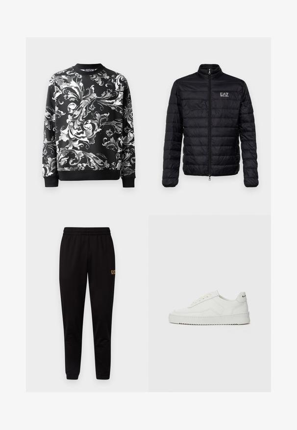 Veste noire matelassée avec col montant, zip avant et logo EAZ sur la poitrine gauche. Présente un design matelassé horizontal et une texture lisse.; Sweatshirt noir avec des motifs floraux blancs élaborés, col rond et manches côtelées. Tissu lisse avec une coupe décontractée.; Pantalons de survêtement noirs avec une taille élastique, des poignets ajustés et un petit logo jaune sur la cuisse gauche. Texture de tissu douce et lisse.; Baskets en cuir blanc avec une finition lisse, bout arrondi, lacets plats et semelle texturée. Présente un logo discret sur le talon.