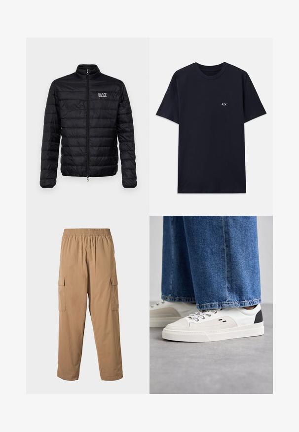 Veste noire matelassée avec col montant, zip avant et logo EAZ sur la poitrine gauche. Présente un design matelassé horizontal et une texture lisse.; T-shirt en coton bleu marine à manches courtes et col rond. Présente un petit logo blanc "A|X" sur le côté gauche de la poitrine.; Pantalons cargo beiges avec une taille élastique, dotés de plusieurs poches latérales et d'une texture légère et lisse. Design à jambe droite.; Baskets blanches et noires avec une tige en cuir lisse, des accents texturés et une semelle épaisse blanche. Présentent un design classique à lacets.