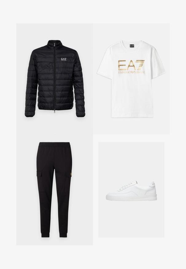 Veste noire matelassée avec col montant, zip avant et logo EAZ sur la poitrine gauche. Présente un design matelassé horizontal et une texture lisse.; T-shirt en coton blanc avec un grand logo métallique doré "EA7" et le texte "EMPORIO ARMANI" en dessous, à manches courtes et col rond.; Pantalons de jogging noirs en tissu doux, présentant une coupe fuselée et deux poches cargo latérales avec un logo discret sur une poche.; Baskets basses blanches avec un design à lacets, dessus en cuir lisse et semelle épaisse, montrées de profil sur un fond uni.