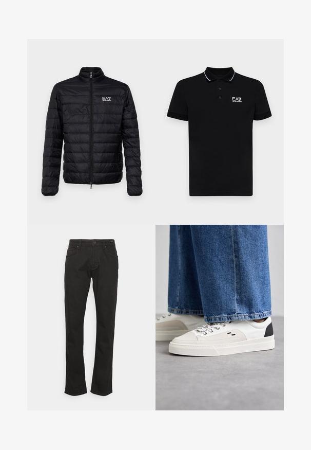 Gestepptes schwarzes Jackett mit hohem Kragen, Frontreißverschluss und EAZ-Logo auf der linken Brust. Verfügt über ein horizontal gestepptes Design und eine glatte Textur.; Schwarzes Poloshirt mit Kragen, drei Knöpfen und weißen Akzentstreifen. Besticktes EA7-Logo auf der linken Brust. Kurze Ärmel.; JOOP! Jeans MITCH - Jeans Straight Leg - black; Weiße und schwarze Sneaker mit einem Obermaterial aus glattem Leder, strukturierten Akzenten und einer massiven weißen Sohle. Verfügt über ein klassisches Schnürdesign.