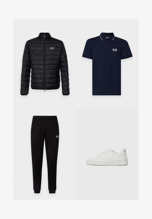 Zwarte gevoerde jas met een hoge kraag, rits aan de voorkant en EAZ-logo op de linkerkant van de borst. Beschikt over een horizontaal gestikte ontwerp en een gladde textuur.; Navyblauwe polo gemaakt van katoen, met een klassieke kraag, een drie-knopen sluiting en witte accentlijnen rond de kraag en mouwen. EA7-logo in het wit.; Zwarte joggingbroek met een elastische tailleband, taps toelopende benen en een klein wit logo aan de bovenlinke kant. Glad materiaal en een eenvoudig ontwerp.; Witte leren sneaker met een gladde afwerking, ronde neus, platte veters en een gestructureerde zool. Kenmerkt zich door een subtiel logo op de hiel.