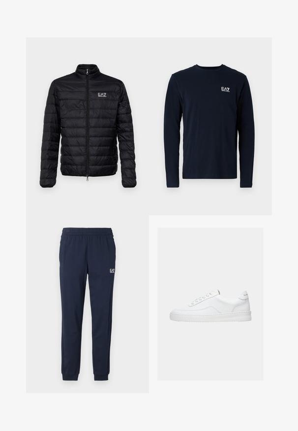 Polstret sort jakke med høj krave, frontlynlås og EAZ-logo på venstre bryst. Har vandret quiltet design og glat tekstur.; Navy langærmet t-shirt lavet af bomuld, med rund hals og et lille hvidt EA7-logo på venstre bryst. Glat tekstur.; Mørkeblå sweatpants med elastisk talje og manchetter. Har et lille hvidt logo på venstre ben. Fremstillet af et blødt, strækbart materiale.; Hvid lavt sneaker med snørelukning, glat læderoverdel og tyk sål, vist fra siden på en ensfarvet baggrund.