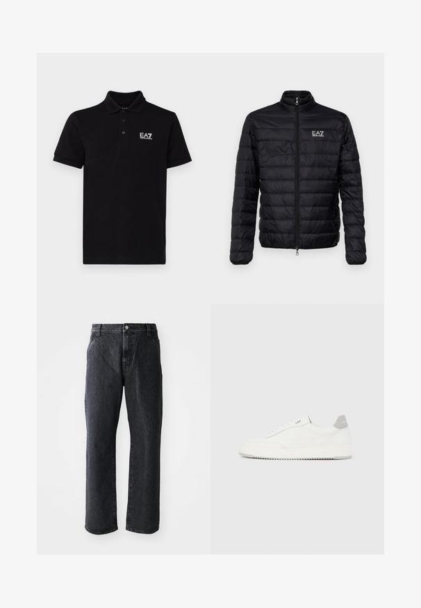 Zwarte gevoerde jas met een hoge kraag, rits aan de voorkant en EAZ-logo op de linkerkant van de borst. Beschikt over een horizontaal gestikte ontwerp en een gladde textuur.; Zwarte polo shirt van katoen met een klassieke kraag, drie knopen, en een wit EA7-logo op de linkerborst. Korte mouwen.; Zwarte denim jeans met een rechte pijp, voorzien van een knoopsluiting, vijf zakken en een subtiele textuur. Klassiek ontwerp zonder opvallende patronen.; Witte lage sneaker met grijze hielpatch, witte veters en een gestructureerde zool, gepresenteerd op een effen lichte achtergrond.