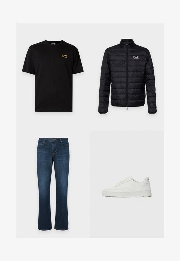 Chaqueta negra acolchada con collar alto, cierre frontal y logo EAZ en el pecho izquierdo. Presenta un diseño acolchado horizontal y una textura suave.; Camiseta de algodón negra de manga corta, con un pequeño logo bordado amarillo en el lado izquierdo del pecho. Diseño clásico de cuello redondo.; Jeans de mezclilla azul oscuro con un diseño de pierna recta, cinco bolsillos y cierre de botón metálico. Textura suave con un ligero desvanecimiento.; Zapatilla de cuero blanca con un acabado suave, puntera redonda, cordones planos y suela texturizada. Cuenta con un sutil logo en el talón.