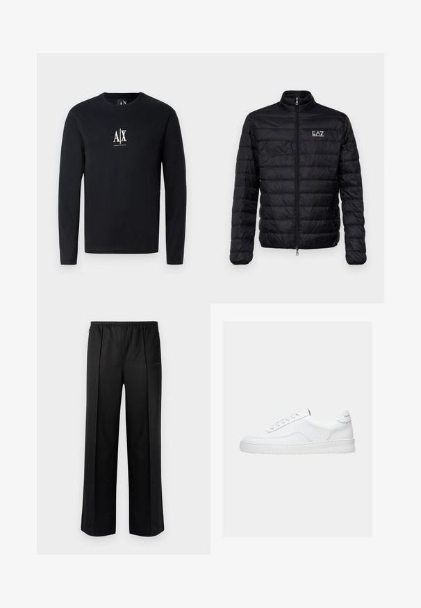 Chaqueta negra acolchada con collar alto, cierre frontal y logo EAZ en el pecho izquierdo. Presenta un diseño acolchado horizontal y una textura suave.; Camiseta negra de manga larga de algodón, con un logo blanco de A|X en el pecho. Tiene un cuello redondo y un diseño de dobladillo recto.; Les Benjamins Pantalones - black; Zapatilla deportiva blanca de corte bajo con diseño con cordones, parte superior de cuero liso y suela gruesa, vista de lado sobre un fondo liso.