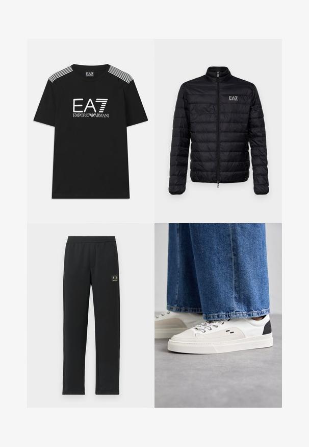 Chaqueta negra acolchada con collar alto, cierre frontal y logo EAZ en el pecho izquierdo. Presenta un diseño acolchado horizontal y una textura suave.; Camiseta negra de algodón con un logo blanco de EA7 y el texto 'Emporio Armani'. Tres rayas blancas en los hombros realzan el diseño.; Pantalones de chándal negros de pierna recta con cintura elástica y logotipo negro en el muslo izquierdo superior.; Zapatillas blancas y negras con una parte superior de cuero suave, acentos texturizados y una suela blanca gruesa. Presenta un diseño clásico de cordones.