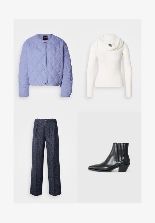 Lys lilla quiltet jakke med rundet halsudskæring, sølvknapper med tryk, og diamantmønstret syning. Har lange ærmer og kortere design.; Hvid langærmet sweater med en rullekrave. Fremstillet af et blødt, tekstureret stof. Har en figursyet silhuet for et elegant udseende.; Bukser i marineblå med en struktureret vævning, høj talje, bred benåbning og frontfældninger. Har en enkelt knap- og lynlås-lukning.; Sorte læder ankelstøvle med spids tå, elastiske sidepaneler med lodrette riller og en lav blokhæl. Glat tekstur og slankt design.