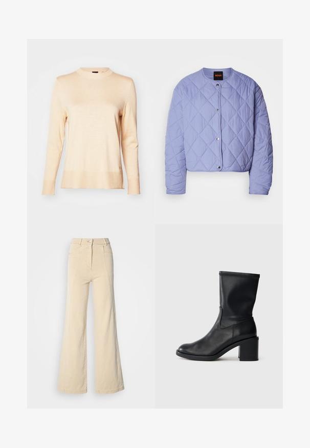 Chaqueta acolchada de color lila claro con un escote redondeado, botones de presión plateados y costuras en patrón de diamante. Cuenta con mangas largas y diseño corto.; Suéter de manga larga beige claro, hecho de un suave tejido de punto, con un cuello redondo y dobladillos y puños acanalados. Detalle sutil del logo en el costado.; Jeans beige de pierna ancha con cintura alta, bolsillos frontales y costuras en contraste, con cierre de botón y una textura de algodón suave.; Botín negro de cuero hasta el tobillo con punta redonda, textura suave y tacón grueso, que presenta un eje ajustado y un sutil detalle de costura.
