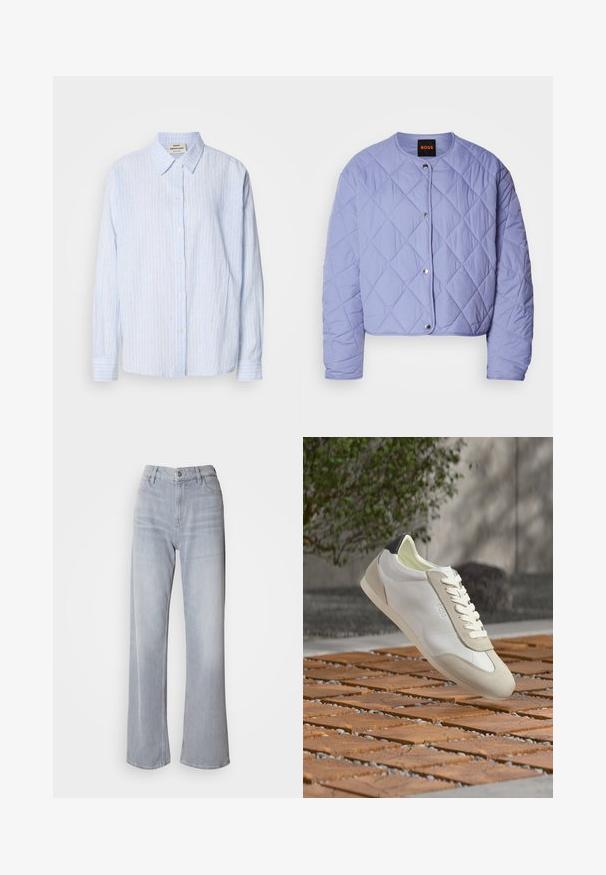 Chaqueta acolchada de color lila claro con un escote redondeado, botones de presión plateados y costuras en patrón de diamante. Cuenta con mangas largas y diseño corto.; Camisa de botón a rayas azul claro con cuello clásico, mangas largas y un ajuste relajado, con franjas verticales estrechas en colores contrastantes.; Jeans de pernera ancha en gris claro, con cintura alta, hechos de denim. Presentan bolsillos frontales, cremallera y un leve desvanecimiento por toda la prenda.; Zapatilla casual blanca y beige con detalle negro en el talón, cordones blancos y branding "BOSS", flotando sobre un pavimento de bloques de madera al aire libre.