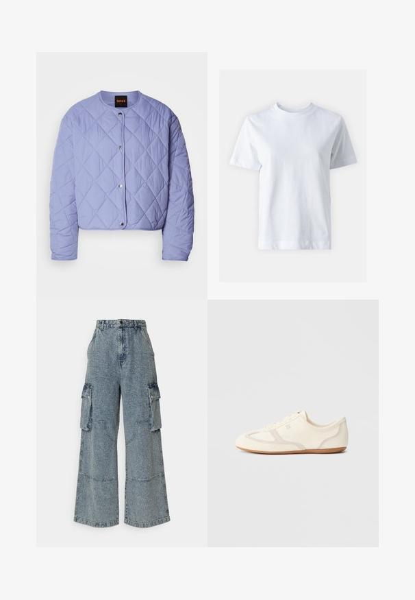 Lys lilla quiltet jakke med rundet halsudskæring, sølvknapper med tryk, og diamantmønstret syning. Har lange ærmer og kortere design.; Hvid bomulds t-shirt med rund halsudskæring, korte ærmer, lige snit og glat tekstur. Ingen mønstre eller dekorationer.; Lysblå, brede denim cargo bukser med for- og sidelommer, en tekstureret finish og synlige syninger.; Sneakers i cremefarve med overdel i ruskind og stof, rundet tå og gummisål med beige detaljer. Snørelukning.