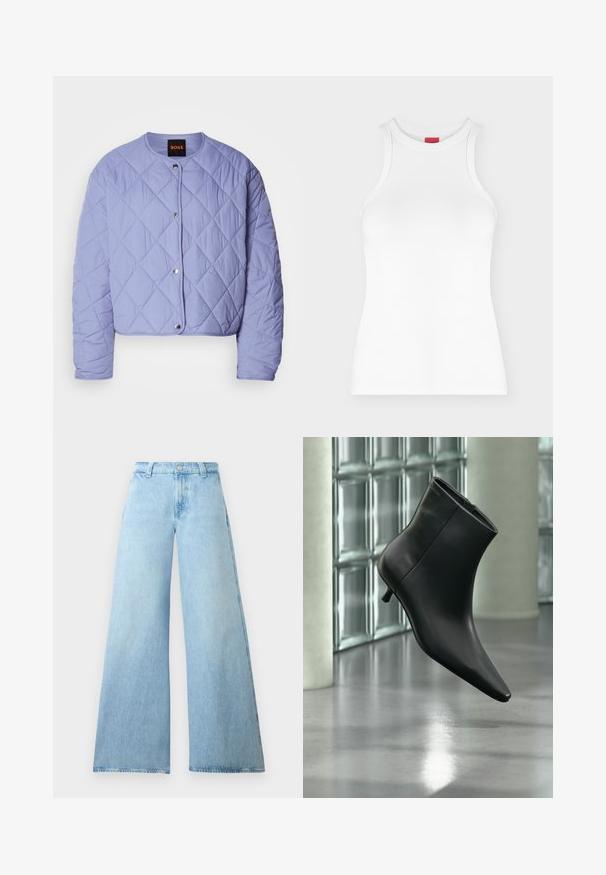 Chaqueta acolchada de color lila claro con un escote redondeado, botones de presión plateados y costuras en patrón de diamante. Cuenta con mangas largas y diseño corto.; Camiseta de tirantes blanca con canalé, cuello alto redondo y forma ajustada, mostrada sobre un fondo claro y sencillo.; Jeans de pierna ancha de un azul claro, hechos de denim, con una cintura alta, que presentan un cierre de botón y cinco bolsillos. Textura suave con una silueta casual.; Botín negro de cuero con punta puntiaguda y tacón bajo estilo kitten, mostrado en ángulo sobre un suelo pulido y con una pared de bloques de vidrio de fondo.