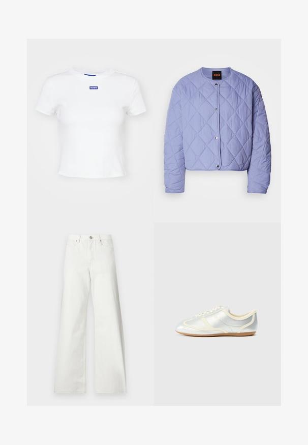 Lys lilla quiltet jakke med rundet halsudskæring, sølvknapper med tryk, og diamantmønstret syning. Har lange ærmer og kortere design.; Hvid bomulds t-shirt med korte ærmer, rund halsudskæring og et blåt rektangulært logo-patch med teksten "HUGO" midt foran.; Hvide jeans med høj talje og vide ben med knaplukning foran, bæltestropper og forlommer på ensfarvet baggrund.; Sølvfarvede syntetiske sneakers med cremefarvede detaljer, lav profil, rundet snude og flad gummisål; har klassiske syninger og snørelukning.