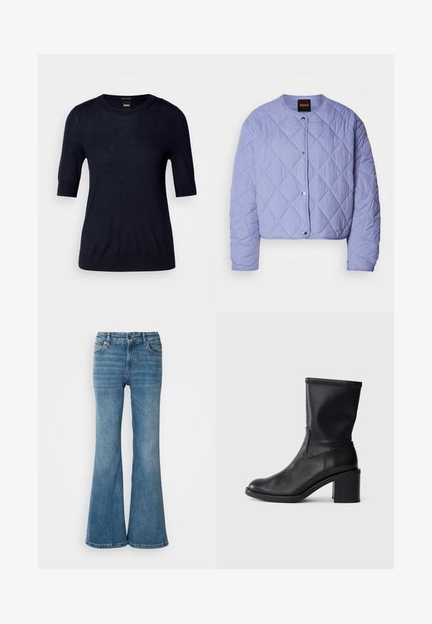 Veste matelassée violet clair avec un col arrondi, des boutons-pression argentés et des coutures en forme de losange. Comprend des manches longues et une coupe courte.; Pull bleu marine à manches courtes en tissu tricot léger. Il présente un col rond et une finition côtelée pour un look ajusté.; Jean évasé bleu clair en denim, doté de cinq poches, de coutures visibles, et d'une fermeture à bouton et à zip à la taille.; Botte en cuir noir à cheville avec un bout rond, texture lisse et un talon épais, présentant un tige ajustée et un subtil détail de couture.