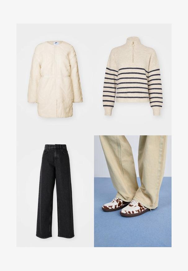 Hvid kunstpels zip-jakke med et tekstureret, abstrakt mønster, der har lange ærmer og en rund krave.; Beige sweater med marineblå vandrette striber, høj krave og halv-zip lukning. Fremstillet af et tekstureret strikket stof med ribbede manchetter.; Sorte højtaljede brede bukser lavet af denim, præget af et klassisk fem-lomme design og subtile syninger.; Hvide og brune mønstrede sneakers i mesh og læder med brune gummisåler. Matchet med lyse beige bukser med vide ben.