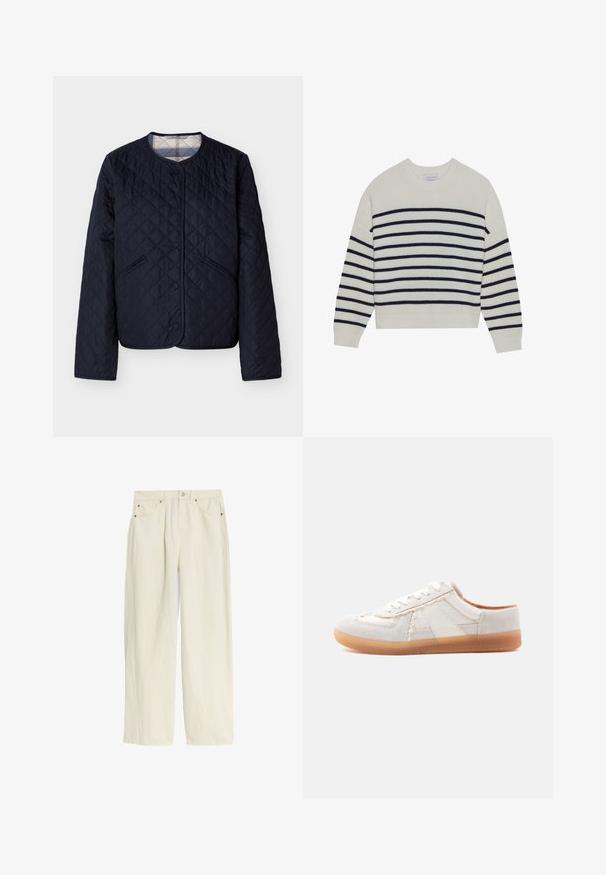 Veste matelassée bleu marine avec col rond, fermeture à pressions, poches avant en biais et doublure à carreaux visible au niveau du col.; Pull créme avec des rayures horizontales navy, texture côtelée, col rond et manches longues. Coupe décontractée avec un design court.; Pantalon large en crème clair fabriqué à partir d'un tissu texturé. Présente une fermeture à bouton, des rivets de couleur cuivrée et quatre poches.; Baskets basses blanches avec panneaux en daim et tissu, lacets blancs et semelle translucide en caoutchouc naturel, photographiées sur un fond blanc.