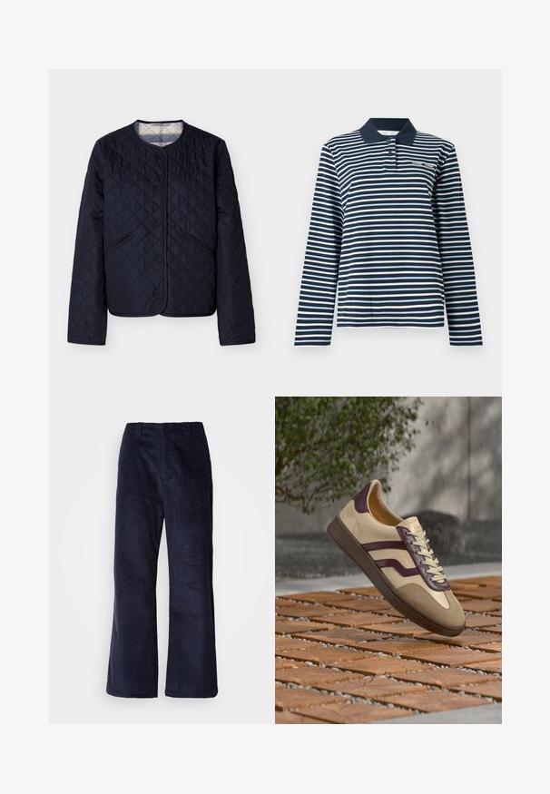 Marineblauwe doorgestikte jas met ronde hals, drukknoopsluiting, schuine voorzakken en een geruite voering die zichtbaar is bij de kraag.; Poloshirt met lange mouwen in marineblauw en witte strepen, gemaakt van katoen, met een knoopsluiting bij de kraag en een klein logo op de borst.; Marineblauwe corduroy wijde broek met verticale ribbels, elastische tailleband en zonder zichtbare hardware. Zachte textuur en relaxed fit.; Beige en bruine sneaker met paarse accenten en veters, zwevend boven een houten en kiezelpatroon buiten.
