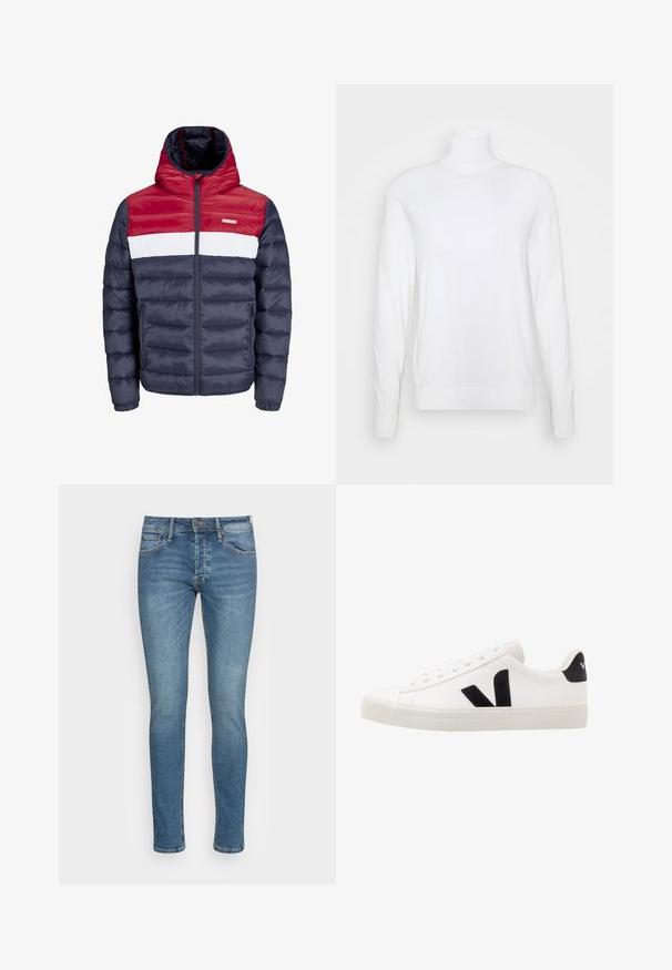 Veste rembourrée rouge, blanche et marine avec capuche, dotée d'une fermeture éclair à l'avant, de poches latérales et d'un design matelassé horizontal.; Pull à col roulé blanc avec des manches longues, fabriqué en tissu lisse. Présente un design ajusté et des poignets et un ourlet côtelés. Pas de motifs ni d'accents.; Jeans en denim bleu slim fit avec cinq poches, fermeture à bouton et texture décolorée sur les cuisses et les genoux.; Sneaker blanche en cuir avec des accents en daim noir ; dispose d'une semelle en caoutchouc, d'un bout rond et d'un design classique à lacets. Logo latéral en noir.
