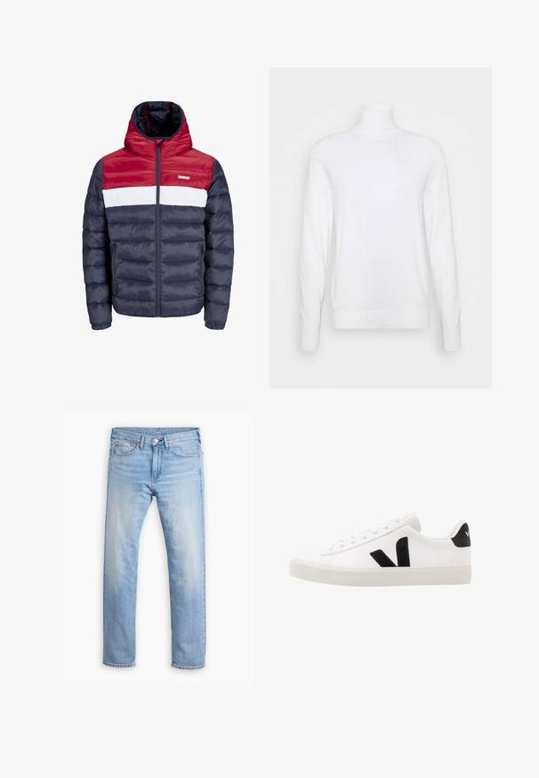 Veste rembourrée rouge, blanche et marine avec capuche, dotée d'une fermeture éclair à l'avant, de poches latérales et d'un design matelassé horizontal.; Pull à col roulé blanc avec des manches longues, fabriqué en tissu lisse. Présente un design ajusté et des poignets et un ourlet côtelés. Pas de motifs ni d'accents.; Jean en denim bleu clair avec une coupe droite, cinq poches et un bouton de fermeture. Présente un léger délavage et des accents de couture orange.; Sneaker blanche en cuir avec des accents en daim noir ; dispose d'une semelle en caoutchouc, d'un bout rond et d'un design classique à lacets. Logo latéral en noir.