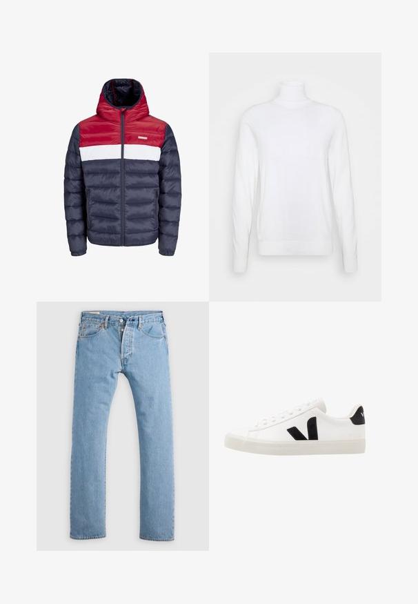 Rood, wit en marineblauw gewatteerd jack met een capuchon, voorzien van een ritssluiting aan de voorkant, zijzakken en een horizontaal gestikt ontwerp.; Witte coltrui met lange mouwen, gemaakt van een zachte stof. Heeft een aansluitend ontwerp en geribde manchetten en zoom. Geen patronen of accenten.; Lichtblauwe rechte spijkerbroek met knoopsluiting, riemlussen en voor- en achterzakken, weergegeven op een witte achtergrond.; Witte leren sneaker met zwarte suède accenten; voorzien van een rubberen zool, ronde neus en een klassieke vetersluiting. Zijkant met logo in het zwart.