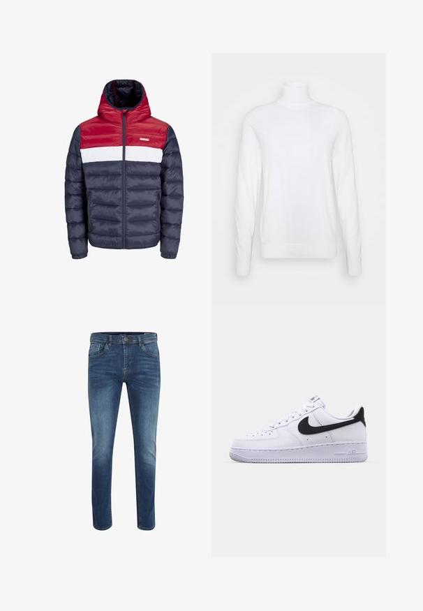 Chaqueta acolchada en rojo, blanco y azul marino con capucha, que presenta un cierre frontal con cremallera, bolsillos laterales y un diseño acolchado horizontal.; Suéter blanco de cuello alto y mangas largas, hecho de una tela suave. Presenta un diseño ajustado y puños y dobladillo acanalados. Sin patrones ni acentos.; Vaqueros de mezclilla azul de corte ajustado con un lavado medio, cinco bolsillos y costuras en contraste. Presentan un cierre de botón y trabillas para cinturón.; Zapatilla blanca de cuero con un Swoosh negro texturizado, cordones planos y una suela de goma con un patrón estriado. "AIR" está grabado en el talón.