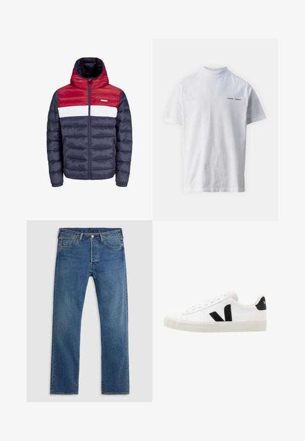 Chaqueta acolchada en rojo, blanco y azul marino con capucha, que presenta un cierre frontal con cremallera, bolsillos laterales y un diseño acolchado horizontal.; Camisa de algodón blanca con un cuello alto y mangas cortas. Presenta el logo "SAMSØE SAMSØE" en negro en la parte delantera. Textura suave.; Vaqueros de mezclilla azul de pierna recta con cinco bolsillos, presillas para el cinturón y un cierre frontal con botón y cremallera sobre un fondo liso.; Zapatilla de cuero blanca con acentos de ante negro; presenta una suela de goma, puntera redonda y un diseño clásico de cordones. Logo lateral en negro.