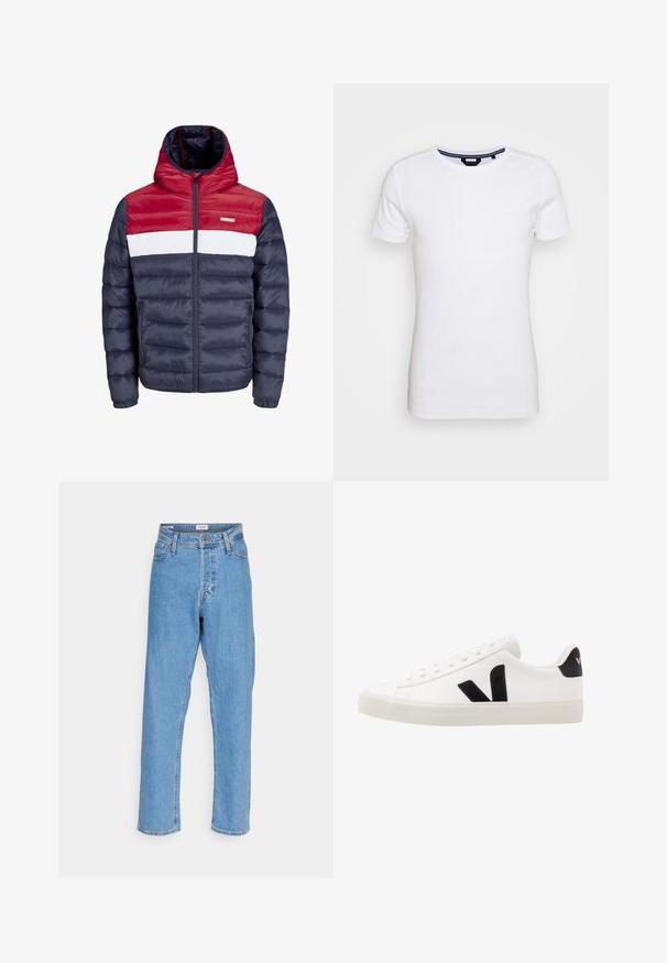 Rød, hvid og navy pufferjakke med hætte, udstyret med lynlås foran, sidelommer og horisontalt quiltet design.; Lindbergh T-shirts basic - white; Lyseblå højtaljede lige ben jeans med knap foran, lynlåslukning, bæltestropper og fem-lomme design på hvid baggrund.; Hvide lædersneakers med sorte ruskindsdetaljer; har en gummisål, rund tå og klassisk snørebåndsdesign. Side logo i sort.