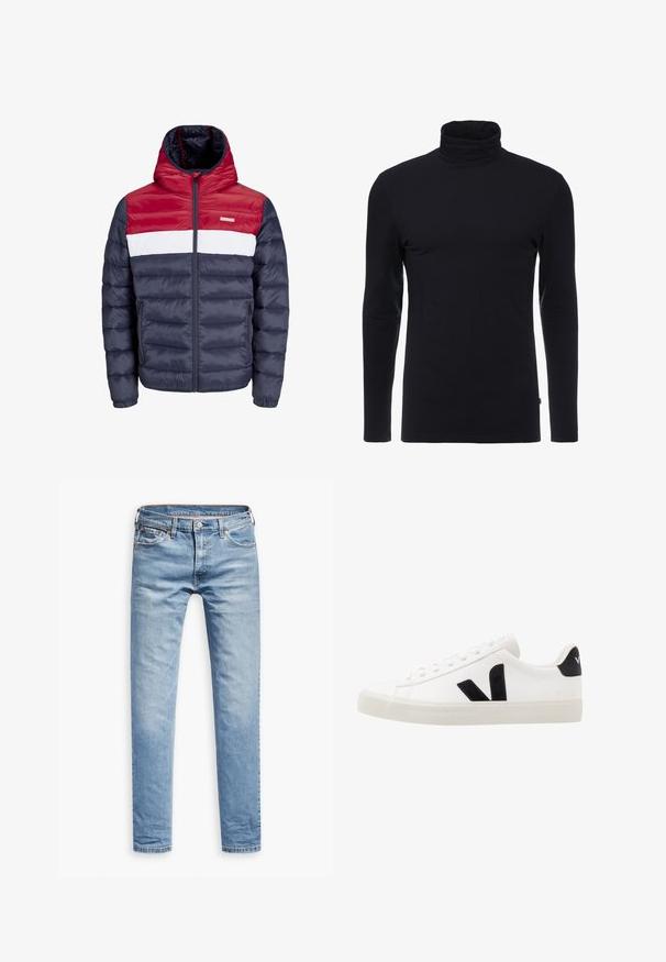 Rood, wit en marineblauw gewatteerd jack met een capuchon, voorzien van een ritssluiting aan de voorkant, zijzakken en een horizontaal gestikt ontwerp.; Zwarte lange mouw turtleneck shirt gemaakt van zachte, rekbare stof. Heeft een aansluitend ontwerp en een gladde textuur. Geen zichtbare patronen of accenten.; Lichtblauwe denim jeans, rechte pasvorm, vijf-pocket ontwerp, met een rits en knoopsluiting. Soepele textuur met subtiele vervagingsdetails.; Witte leren sneaker met zwarte suède accenten; voorzien van een rubberen zool, ronde neus en een klassieke vetersluiting. Zijkant met logo in het zwart.