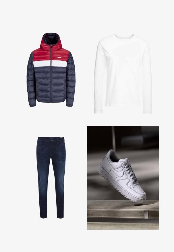 Chaqueta acolchada en rojo, blanco y azul marino con capucha, que presenta un cierre frontal con cremallera, bolsillos laterales y un diseño acolchado horizontal.; Camiseta blanca de manga larga hecha de algodón suave. Cuello redondo con dobladillos rectos y sin patrones ni gráficos visibles.; Jeans de mezclilla azul oscuro con un corte slim, diseño de cinco bolsillos, sutil desgaste en la tela, cierre de botón y etiqueta con el logo en la parte trasera de la cinturilla.; Zapatilla Nike Air Force 1 de cuero blanco que presenta una puntera perforada, cordones planos y una suela de goma texturizada con la marca "AIR" en el lateral.