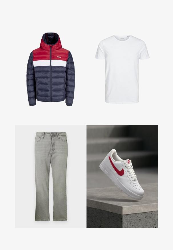 Rød, hvid og navy pufferjakke med hætte, udstyret med lynlås foran, sidelommer og horisontalt quiltet design.; Rundhals kortærmet t-shirt i ensfarvet hvid, lavet af blød bomuld, har et simpelt design uden synlige mønstre eller detaljer.; Lys grå denim jeans med lige pasform, der har fem lommer, en lynlås foran og en subtil falmet tekstur.; Hvid Nike Air Force 1 sneaker med rødt swoosh-logo svæver over en betonafdækning og trapper i baggrunden.