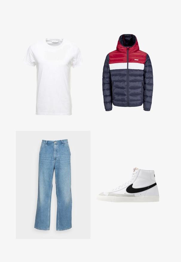 Veste rembourrée rouge, blanche et marine avec capuche, dotée d'une fermeture éclair à l'avant, de poches latérales et d'un design matelassé horizontal.; T-shirt en coton blanc à manches courtes, design col rond et texture lisse. Étiquette visible au niveau du col. Style simple et classique.; Jean large en denim bleu clair. Dispose d'une taille haute, d'une fermeture à bouton et d'un design classique à cinq poches. Texture lisse.; Baskets montantes blanches avec un swoosh noir, un capuchon de pied texturé gris et une semelle plate blanche. Elles possèdent six œillets et des accents cousus.