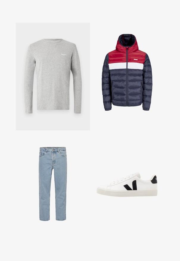 Veste rembourrée rouge, blanche et marine avec capuche, dotée d'une fermeture éclair à l'avant, de poches latérales et d'un design matelassé horizontal.; T-shirt gris clair à manches longues avec col rond et petit logo blanc "Pepe Jeans London" sur le côté gauche de la poitrine.; Jean en denim bleu clair à coupe droite, cinq poches, passants de ceinture et braguette à boutons, présenté sur fond blanc uni.; Sneaker blanche en cuir avec des accents en daim noir ; dispose d'une semelle en caoutchouc, d'un bout rond et d'un design classique à lacets. Logo latéral en noir.