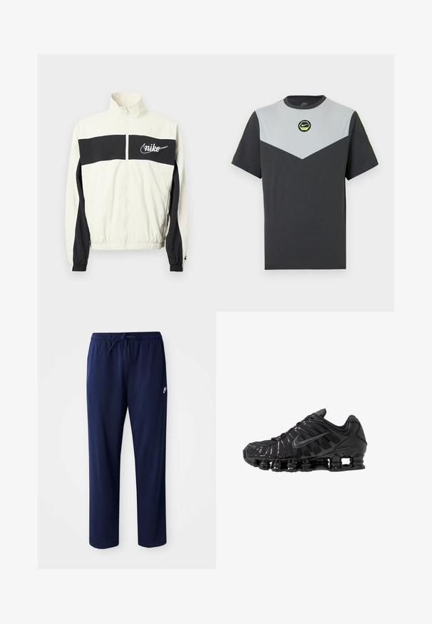 Hvid og sort Nike-jakke med høj krave, lynlås og elastiske manchetter. Har en markant sort stribe på tværs af brystet.; Kortærmet Nike T-shirt i mørkegrå og lysegrå med et chevron-design, cirkulært logo i grøn og kontrasterende neon accenter ved skuldrene.; Marineblå, letvægts joggerbukser lavet af et bomuldsblandingsstof. Har en lynlås med snøring i taljen og et lille logo på venstre side.; Sorte atletikskoser lavet af mesh og syntetiske materialer, med et karakteristisk bølget design, sort gummisål og reflekterende detaljer.