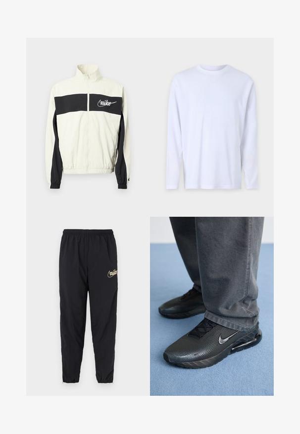 Hvid og sort Nike-jakke med høj krave, lynlås og elastiske manchetter. Har en markant sort stribe på tværs af brystet.; Hvid langærmet t-shirt lavet af blød bomuld, med en rund halsudskæring og subtile syninger over fronten og skuldrene.; Sorte atletikbukser lavet af letvægtsmateriale. Har elastisk taljebånd og manchetter ved benenden. Guldfarvet logo på låret.; Sorte Nike træningssko med en struktureret overdel, perforerede detaljer og en synlig luftdæmpningsenhed, parret med grå bukser.