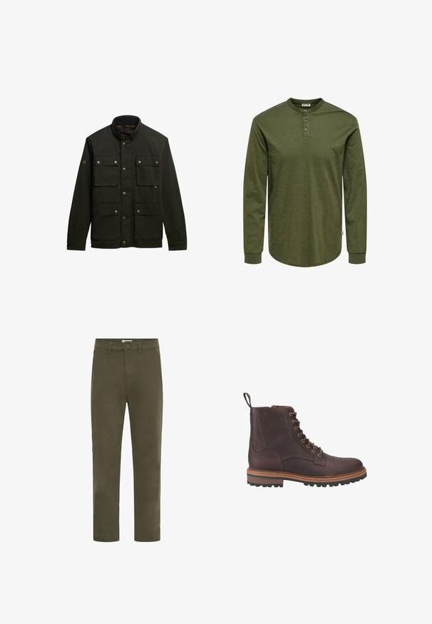 Chaqueta verde oliva hecha de una tela duradera con cierres de botones a presión, dos bolsillos en el pecho y dos bolsillos inferiores con acentos de latón.; Camiseta de manga larga color verde oliva con cuello henley, tres botones y dobladillo curvo. Hecha de tela suave y texturizada con puños ajustados.; Pantalones informales rectos de color verde oliva para hombre, con cierre de botón y trabillas para cinturón, diseñados para el uso diario.; Botas de piel marrón con cordones hasta el tobillo, acabado texturizado, suelas beige contrastantes y ojales metálicos. Incluyen una lengüeta para facilitar su puesta.