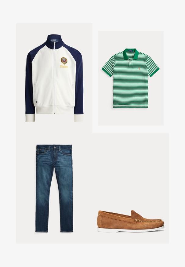Weiße und marineblaue Jacke mit Reißverschluss, geripptem Kragen und Bündchen, Wimbledon-Logo auf der Brust und kleinem schwarzen Polo Ralph Lauren Pferdelogo nahe dem Saum.; Grün-weiß gestreiftes Poloshirt mit grünem Kragen und orange gesticktem Logo auf der linken Brustseite.; Dunkelblaue Slim-Fit-Jeans mit vorderem Knopf und Reißverschluss, fünf Taschen sowie dezenter Verfärbung an den vorderen Oberschenkeln und Knien.; Brauner Wildleder-Slipper mit weißer Sohle und beigen Nähten entlang der Spitze und oberen Kante, seitliche Ansicht vor schlichtem Hintergrund.
