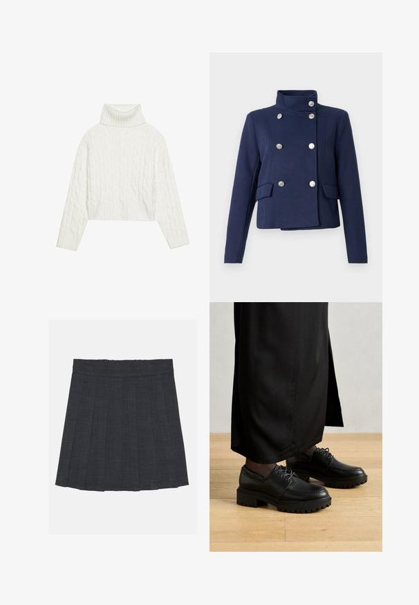 Marineblå dobbeltradet jakke med en tragtformet krave, sølvfarvede runde knapper, to forlommer og strukturerede skuldre. Blød stoftekstur.; Hvid kabel-strikket turtleneck sweater med en cropped silhuet, der har ribbede manchetter og kant. Blød tekstur med et hyggeligt, chunky design.; Mørkegrå plisseret nederdel med elastisk talje, der har et struktureret stof og en klassisk A-formet silhuet. Velegnet til hverdag.; Sorte lædersko med rund tå, tyk gummisål og snørebånd. Designet har dekorativ syning langs overdelen.