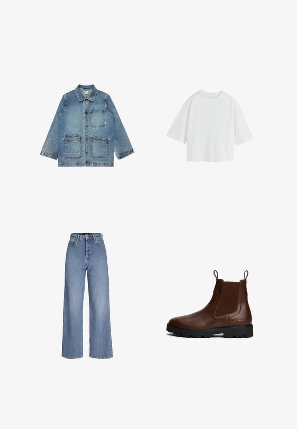 Chaqueta de mezclilla en azul claro, con un corte recto, dos grandes bolsillos frontales y un cierre de botón con costuras en contraste.; Camiseta blanca lisa de manga corta oversize con cuello redondo y ajuste holgado.; Vaqueros de mezclilla azul claro de talle alto con perneras anchas, cierre frontal con botón y cremallera, y diseño de cinco bolsillos.; Botín Chelsea de cuero marrón con paneles elásticos laterales, tiradores, suela de goma negra y detalle de logo dorado en el lateral. Textura suave.