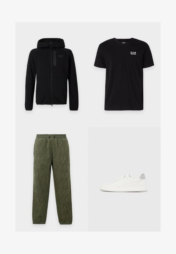 Sudadera negra con cremallera, hecha de tela suave, que cuenta con capucha, cremallera frontal y un pequeño logo en el pecho. Textura lisa con un diseño ajustado.; Camiseta de algodón negra con cuello en V y mangas cortas. Presenta un logo blanco de EA7 en el lado izquierdo del pecho. Textura suave, corte estándar.; Joggers de forro polar verde oliva con cintura y puños elásticos, que presentan un sutil patrón tonal del logo de EA7 en toda la prenda.; Zapatilla blanca de corte bajo con pestaña en el talón gris, cordones blancos y suela texturizada, presentada sobre un fondo claro y liso.