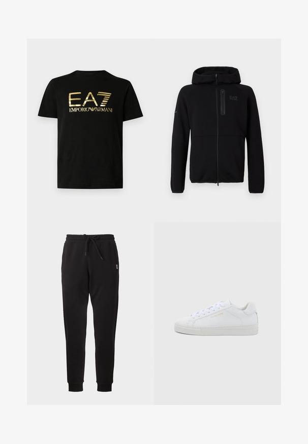 Sort hættejakke med lynlås, lavet af blødt stof, med hætte, lynlås foran og et lille logo på brystet. Glat tekstur med en tætsiddende pasform.; Sort bomulds-T-shirt med en skinnende guldfarvet tryk af "EA7" og "emporio armani" tværs over fronten i en fed, moderne skrifttype. Korte ærmer.; Sorte smalle joggingbukser med elastisk linning, snøre, sidelommer og ribbet ribkant, vist på ensfarvet baggrund.; Hvide sneakers i lav model og læder med rund snude, flade snørebånd, tekstureret sål og diskret guldfarvet logo på siden. Glat overflade og minimalistisk design.