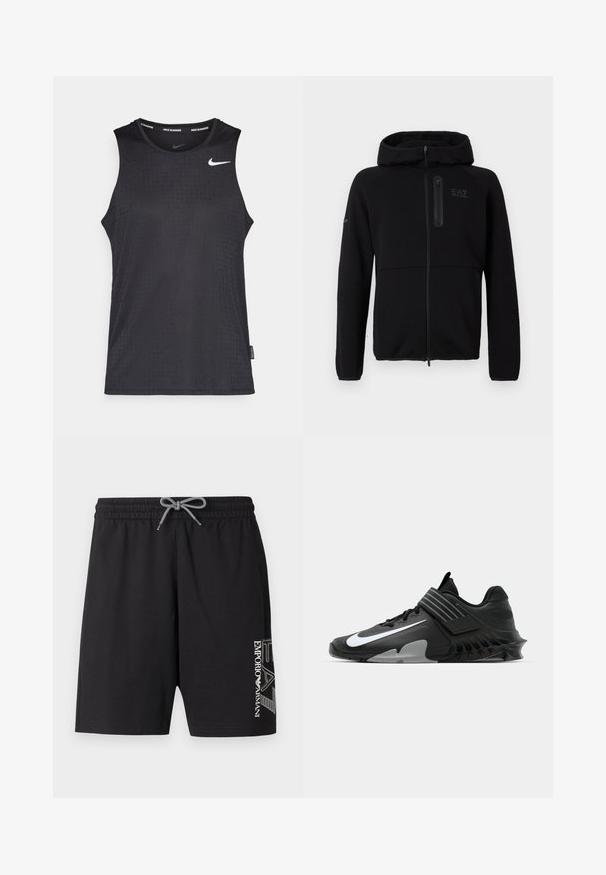 Sort hættejakke med lynlås, lavet af blødt stof, med hætte, lynlås foran og et lille logo på brystet. Glat tekstur med en tætsiddende pasform.; Sort ærmeløs atletisk tanktop lavet af glat materiale, med et tekstureret mønster og et lille hvidt Nike-logo på brystet.; Sorte badeshorts lavet af blødt stof, med elastisk taljebånd og snøre, sidelommer og en hvid logotryk på det ene ben.; Sorte sportsko med et strømlinet design, der har et fremtrædende hvidt Nike-logo, teksturerede overflader og en karakteristisk støbt sål.