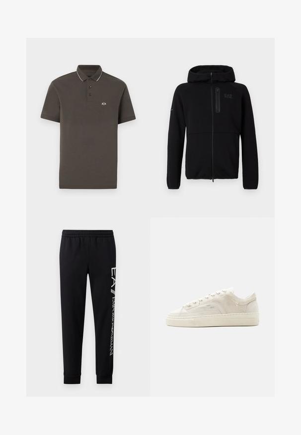 Sweat à capuche noir zippé en tissu doux, doté d'une capuche, d'une fermeture éclair à l'avant et d'un petit logo sur la poitrine. Texture lisse avec une coupe ajustée.; Polo gris foncé à manches courtes avec patte de boutonnage à trois boutons, logo blanc sur la poitrine gauche et bordures blanches sur le col.; Pantalons de survêtement noirs en mélange de coton, dotés d'une taille élastique, de jambes fuselées, de poignets côtelés et d'un imprimé logo blanc sur le côté.; Baskets basses blanches avec fermeture à lacets, tige en tissu texturé et semelle épaisse en caoutchouc, vues de côté extérieur sur un fond uni.