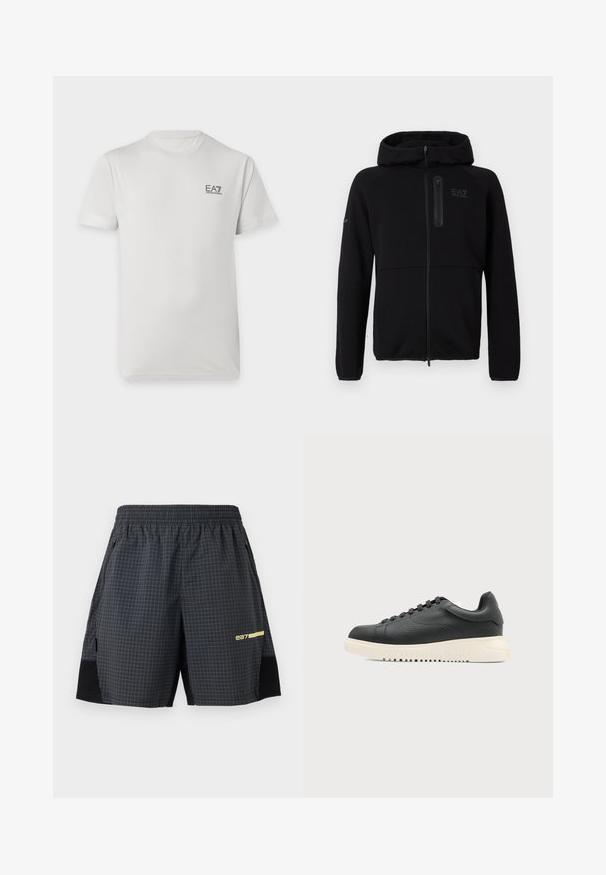 Sweat à capuche noir zippé en tissu doux, doté d'une capuche, d'une fermeture éclair à l'avant et d'un petit logo sur la poitrine. Texture lisse avec une coupe ajustée.; T-shirt blanc manches courtes col rond avec petit logo noir EA7 Emporio Armani sur le côté gauche de la poitrine.; Shorts de sport noirs avec motif en grille blanche, taille élastique, poches latérales zippées, panneaux en maille noire et petit logo jaune "e37".; Baskets basses en cuir noir avec lacets noirs et semelle blanche épaisse texturée, vues de profil sur fond blanc.