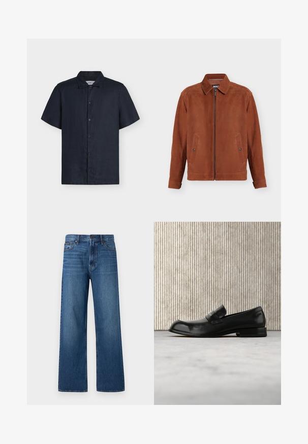 Veste en suède marron avec fermeture éclair à l'avant, deux poches à boutons-pression, manches longues et col classique.; Chemise noire à manches courtes avec boutons et col classique, présentée sur un fond clair uni.; Jean bleu à taille haute et coupe droite, avec bouton et fermeture éclair à l'avant, cinq poches, et un petit patch de marque sur la poche droite.; Mocassin en cuir noir avec un accent métallique, présenté en lévitation au-dessus d'un tapis beige, avec une table ronde de couleur ambre en arrière-plan.
