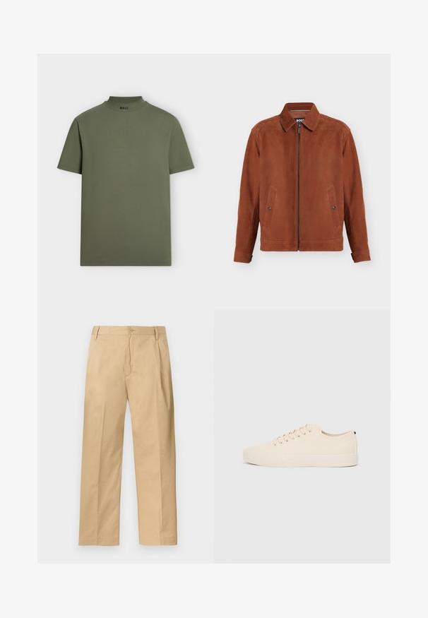 Veste en suède marron avec fermeture éclair à l'avant, deux poches à boutons-pression, manches longues et col classique.; T-shirt vert olive à manches courtes avec un col côtelé haut et un logo texte "BOSS" au centre avant du col.; Pantalon chino beige à jambe droite avec fermeture par boutons et zip, passants pour ceinture et poches latérales, étalé à plat sur un fond blanc.; Baskets en toile beige avec bout arrondi, semelle en caoutchouc plate et lacets à l'avant. Présente un design minimaliste et un accent noir contrastant au niveau du talon.