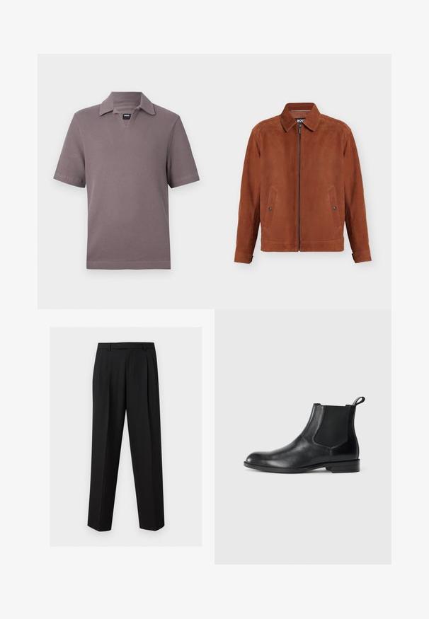 Veste en suède marron avec fermeture éclair à l'avant, deux poches à boutons-pression, manches longues et col classique.; Polo manches courtes mauve en tissu texturé avec une petite étiquette noire "BOSS" au col en V.; Pantalon noir sur mesure avec jambes droites, plis à la taille, passants de ceinture et poches latérales fendues, présenté sur un fond uni.; Bottine en cuir noir avec des panneaux latéraux élastiques, bout rond et tirette. Texture lisse, semelle plate, design minimaliste.