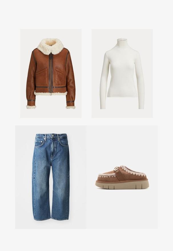 Bruine leren jas met crème kleurige schapenvachtkraag, manchetten en zoom, met een rits aan de voorkant en twee schuine zakken.; Trui met lange mouwen, off-white geribde coltrui met een aansluitende silhouet op een effen achtergrond.; Blauwe denim jeans met een losse, wijde pasvorm, voorzien van voorzakken, een knoop- en ritssluiting, en een subtiele vervaging bij de knieën.; Bruine leren instapper met een beige rubberen zool, contrasterend gevlochten detail op de bovenkant en een decoratieve gesp-accent.
