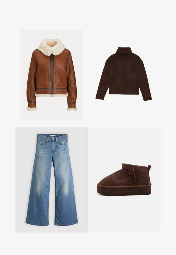 Braune Lederjacke mit cremefarbenem Lammfellkragen, Bündchen und Saum, mit Frontreißverschluss und zwei schrägen Taschen.; Brauner gerippter Rollkragensweater mit langen Ärmeln und einer kurzen Silhouette, der ein dickes, strukturiertes Strickdesign aufweist.; Hellblaue Jeans mit weitem Bein aus Denim. Verfügt über eine hohe Taille, vordere Taschen und Verblassungen entlang der Oberschenkel. Unverarbeiteter Saum.; Braune Wildleder-Stiefelette mit runder Spitze, weicher Oberfläche und dicker Plattformsohle. Verfügt über dezente Nähte und eine Lasche an der Rückseite.