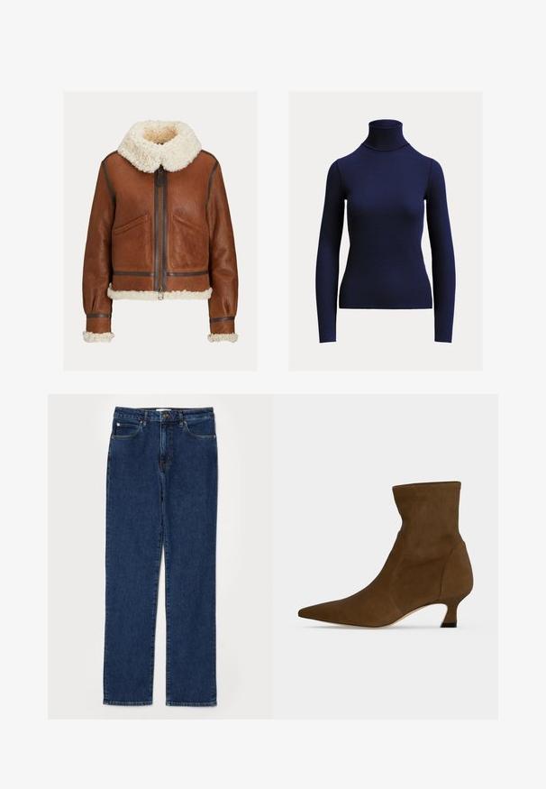 Braune Lederjacke mit cremefarbenem Lammfellkragen, Bündchen und Saum, mit Frontreißverschluss und zwei schrägen Taschen.; Marineblauer, gerippter Langarm-Rollkragenpullover mit figurbetonter Silhouette auf schlichtem, hellem Hintergrund.; Dunkelblaue Denim-Jeans im Gerade-Schnitt, fünf Taschen-Stil, mit einem stabilen Bund und sichtbaren Nähdetails.; Brauner Knöchelstiefel mit spitzer Zehenpartie und niedrigem Kittenabsatz, hergestellt aus glattem Material, vor einem schlichten Hintergrund präsentiert.