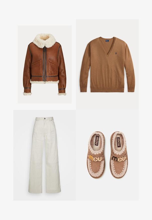 Braune Lederjacke mit cremefarbenem Lammfellkragen, Bündchen und Saum, mit Frontreißverschluss und zwei schrägen Taschen.; Brauner langärmeliger V-Ausschnitt-Pullover mit kleinem dunkelblauem Polo Ralph Lauren-Logo auf der linken Brustseite, flach auf weißem Hintergrund liegend.; Rodebjer Stoffhose - warm sand; Paar braune Mokassin-Hausschuhe aus Wildleder mit cremefarbenem Strickbesatz und gebrandetem Metalllogo am Riemen, von oben auf weißem Hintergrund betrachtet.